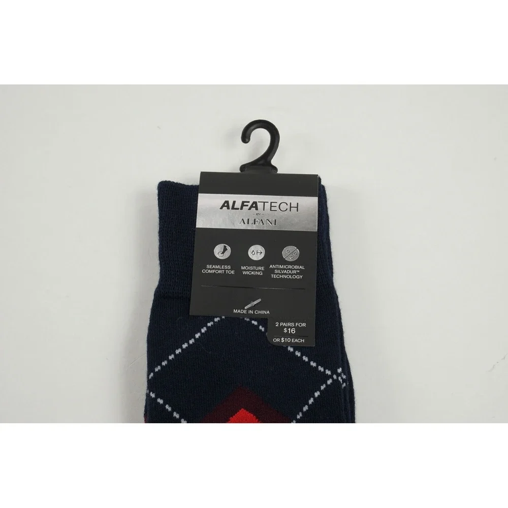 1 Pair of New‎ Alfani Men's 7-12 Blue Red Argyle Seamless Antimicrobial Socks